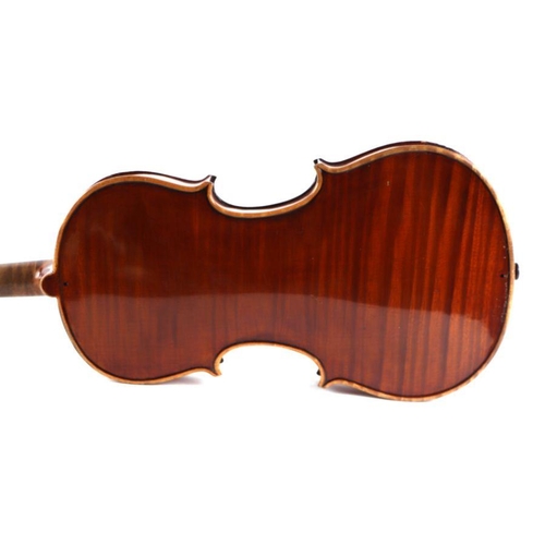 327 - A single piece back violin, labelled to the inside 'Copy of Andreas Amati', with associated bow, cas... 