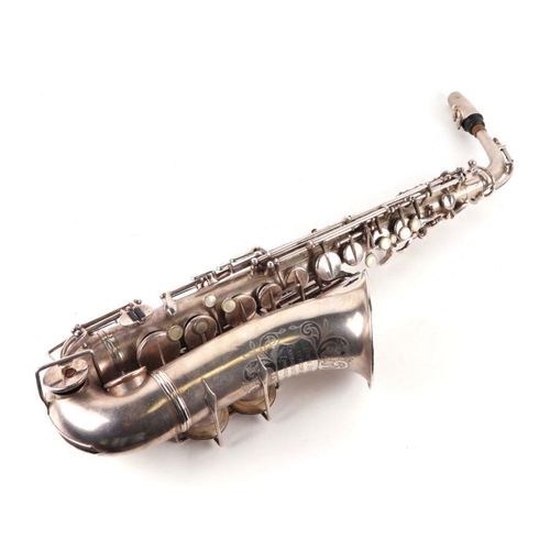 328 - A Lewin Brothers silver plated alto saxophone, New Perfection A250414L.P. model SD, cased.