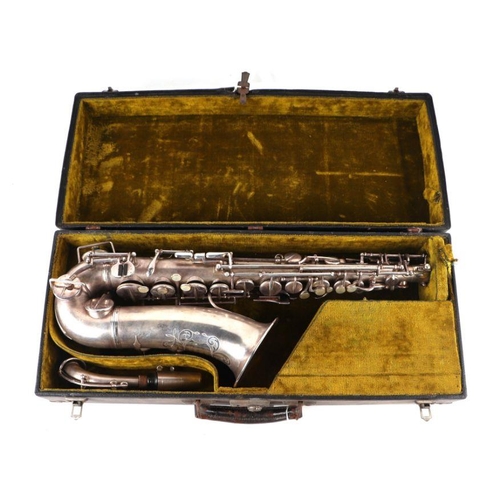 328 - A Lewin Brothers silver plated alto saxophone, New Perfection A250414L.P. model SD, cased.