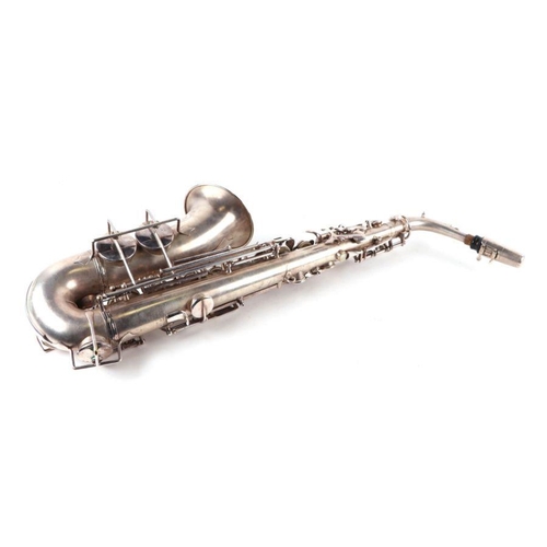 328 - A Lewin Brothers silver plated alto saxophone, New Perfection A250414L.P. model SD, cased.