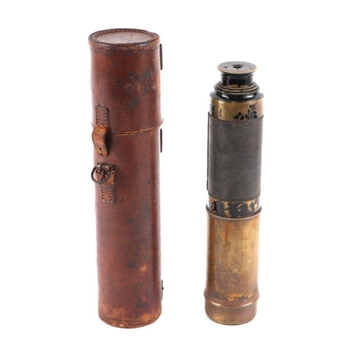 341 - A three-draw brass telescope in a leather case, 74cms opened.