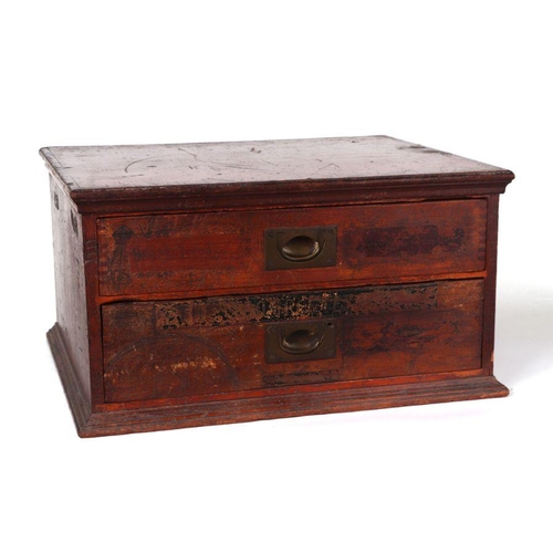 360 - A haberdasher's stained wooden two-drawer chest  containing a large amount of sewing related items, ... 