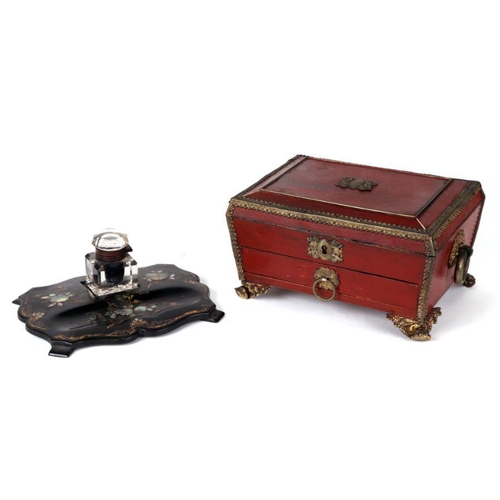 364 - A 19th century gilt metal mounted sewing box with sectioned interior and single drawer, 23cms wide; ... 