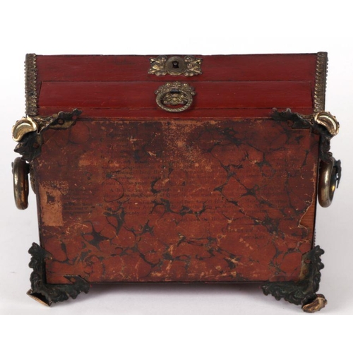 364 - A 19th century gilt metal mounted sewing box with sectioned interior and single drawer, 23cms wide; ... 