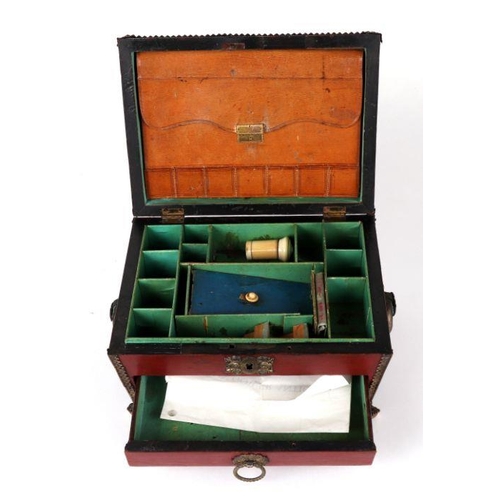 364 - A 19th century gilt metal mounted sewing box with sectioned interior and single drawer, 23cms wide; ... 