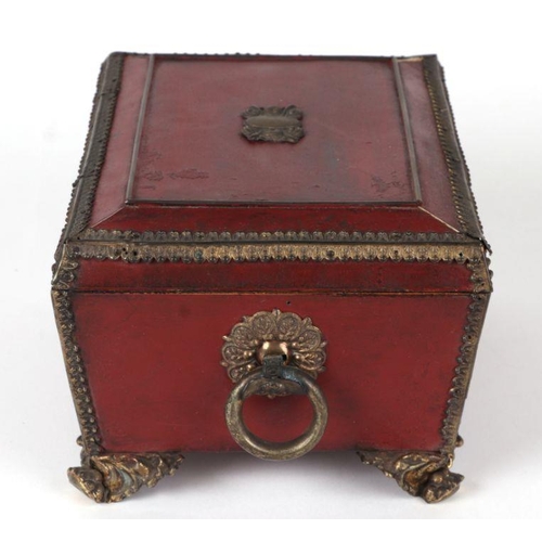 364 - A 19th century gilt metal mounted sewing box with sectioned interior and single drawer, 23cms wide; ... 