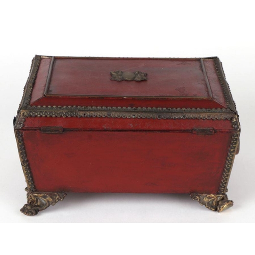 364 - A 19th century gilt metal mounted sewing box with sectioned interior and single drawer, 23cms wide; ... 