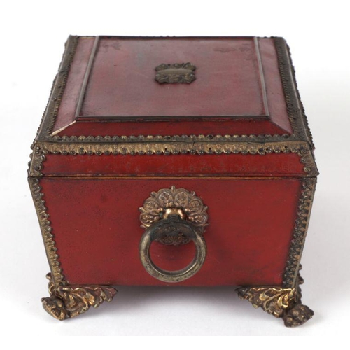 364 - A 19th century gilt metal mounted sewing box with sectioned interior and single drawer, 23cms wide; ... 