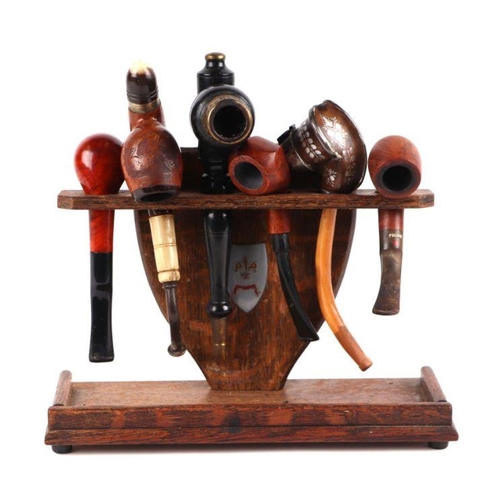 367 - A six division oak pipe rack with a selection of pipes to include a Black Forest style white metal e... 