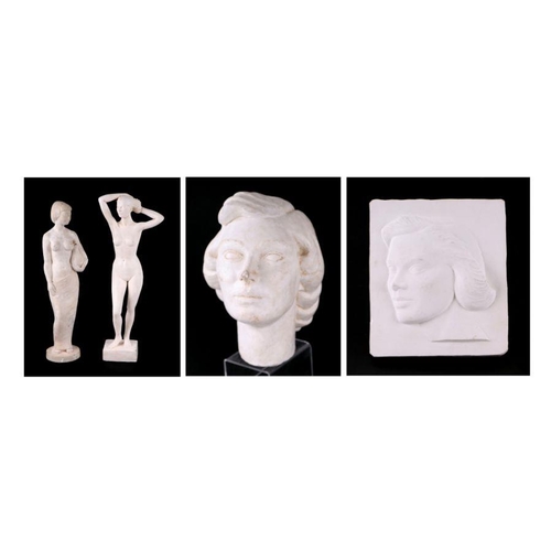 370 - A plaster cast figure of a neoclassical figure, 39cms high; another similar 42cms high; a plaster bu... 