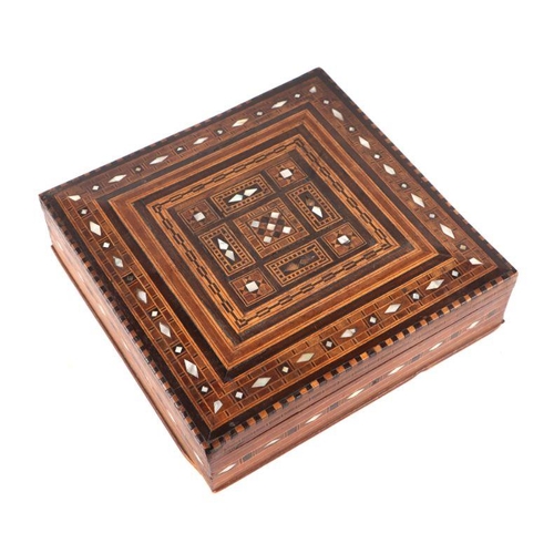 371 - A Cairo ware wooden box with inlaid mother of pearl and geometric wooden inlay, 26cms wide.