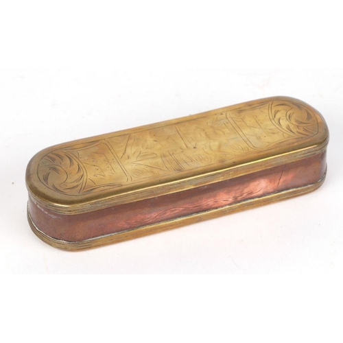 381 - A late 18th / early 19th century Dutch brass and copper tobacco box with engraved decoration, 16cms ... 