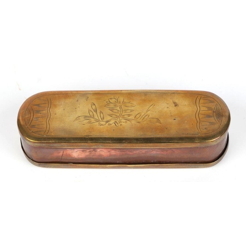 381 - A late 18th / early 19th century Dutch brass and copper tobacco box with engraved decoration, 16cms ... 