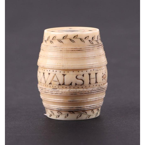 391 - A 19th century marine ivory gaming box in the form of a barrel, inlaid with abalone shell and baleen... 