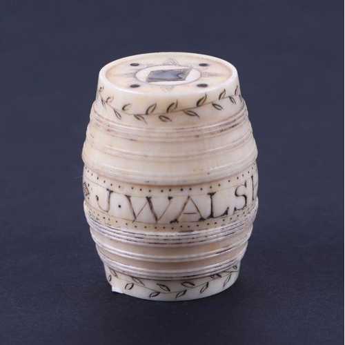 391 - A 19th century marine ivory gaming box in the form of a barrel, inlaid with abalone shell and baleen... 