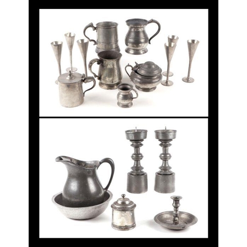 395 - A quantity of pewter ware including a pair of Spanish alter candlesticks, stamped Pedraza Segovia, E... 