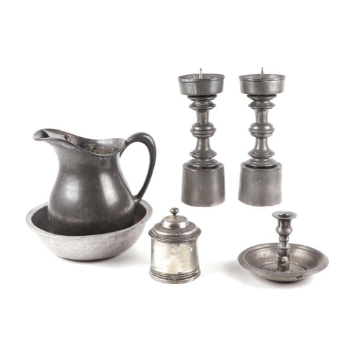 395 - A quantity of pewter ware including a pair of Spanish alter candlesticks, stamped Pedraza Segovia, E... 