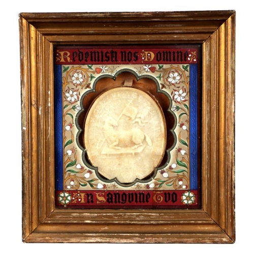 414 - A continental wax plaque for Gregory XVI with central sheep holding a flag armorial within script, f... 