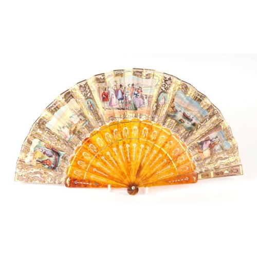 417 - A 19th century tortoiseshell fan, the sticks with gilt and pierced decoration, the leaf decorated wi... 