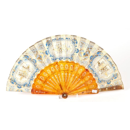 417 - A 19th century tortoiseshell fan, the sticks with gilt and pierced decoration, the leaf decorated wi... 