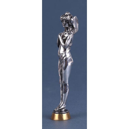 418 - An Art Nouveau silver plated figural desk seal in the form of a fairy with monogramed matrix, 13cm h... 