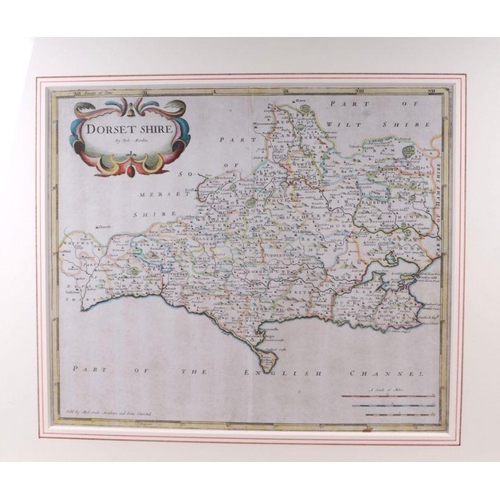 46 - After Robert Morden - a hand coloured map of Dorsetshire, 53 by 38cms, framed & glazed.