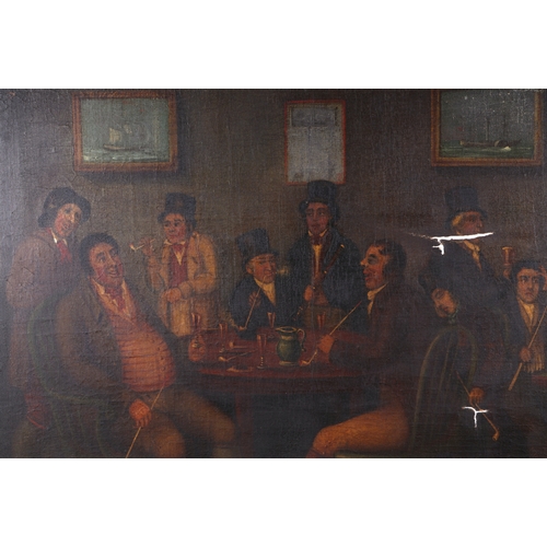 147 - Early 19th century school - a naive painting of a tavern interior with figures drinking, smoking cla... 