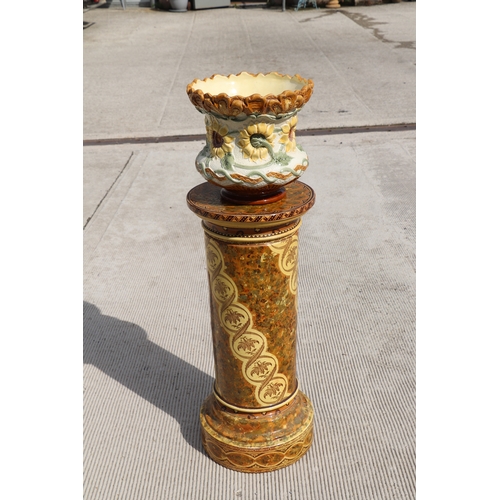 288 - A Victorian Burmantofts majolica planter, 26cms high, standing on an associated Minton column, 69cms... 