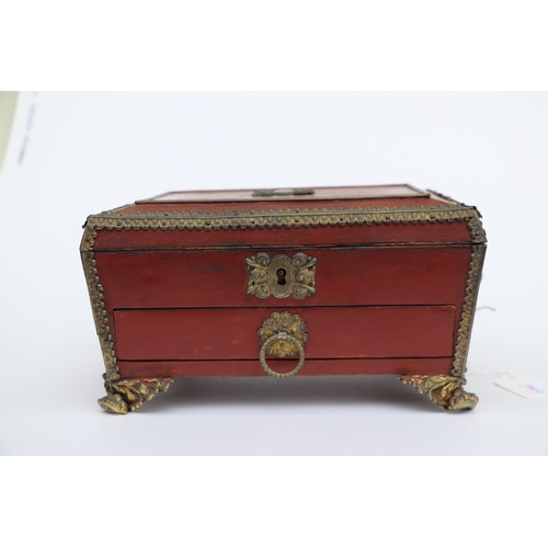 364 - A 19th century gilt metal mounted sewing box with sectioned interior and single drawer, 23cms wide; ... 