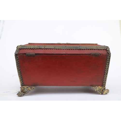 364 - A 19th century gilt metal mounted sewing box with sectioned interior and single drawer, 23cms wide; ... 