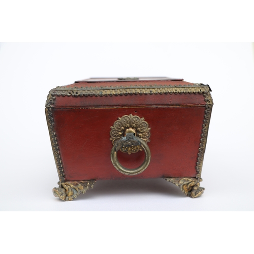 364 - A 19th century gilt metal mounted sewing box with sectioned interior and single drawer, 23cms wide; ... 