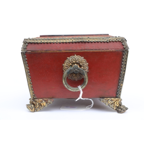 364 - A 19th century gilt metal mounted sewing box with sectioned interior and single drawer, 23cms wide; ... 