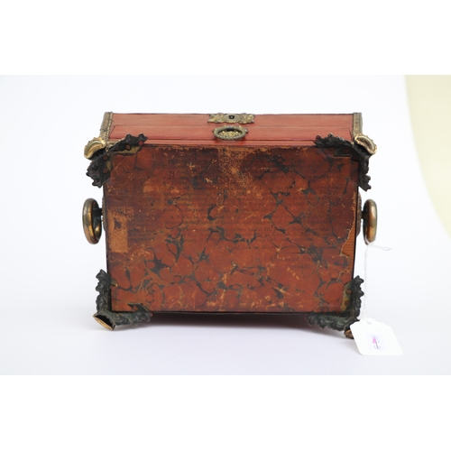 364 - A 19th century gilt metal mounted sewing box with sectioned interior and single drawer, 23cms wide; ... 