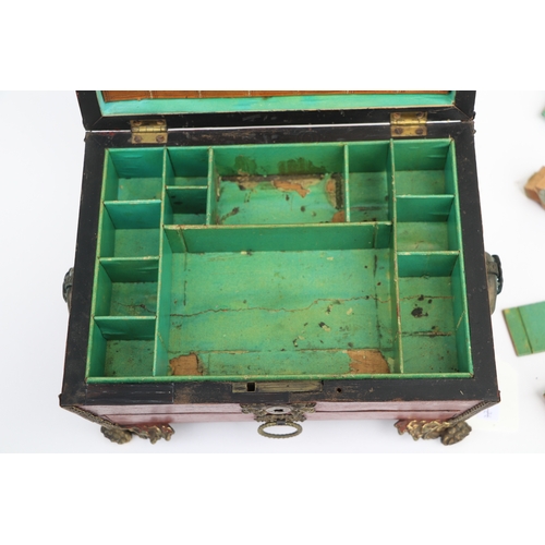 364 - A 19th century gilt metal mounted sewing box with sectioned interior and single drawer, 23cms wide; ... 