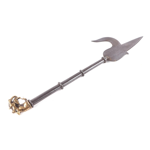102 - An Indian elephant Ankush goad prodder with brass finial, steel shaft and steel spear hook, 46cms lo... 