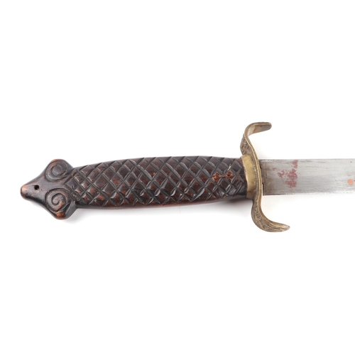 102 - An Indian elephant Ankush goad prodder with brass finial, steel shaft and steel spear hook, 46cms lo... 