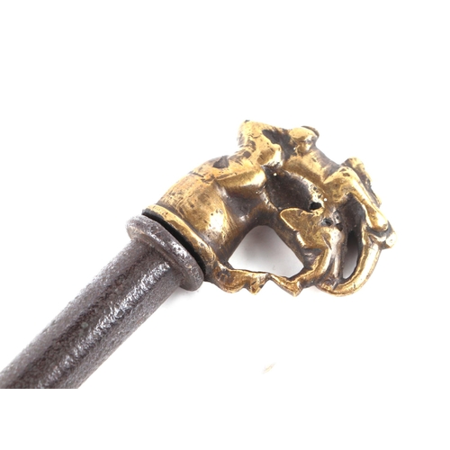 102 - An Indian elephant Ankush goad prodder with brass finial, steel shaft and steel spear hook, 46cms lo... 