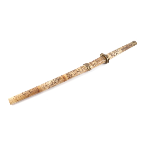 119 - A late 19th century Japanese carved bone short sword or Wakizashi, carved all over with figures. Bla... 