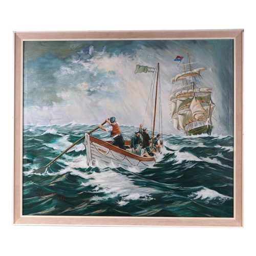 183 - A J Bunce (20th century school) - Seascape with Sailors in a Small Boat and a Sailing Ship in the Di... 