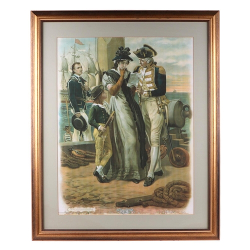 186 - A 19th century coloured lithograph - The Last Sailing Orders of Lord Nelson - 40 by 52cms, framed & ... 