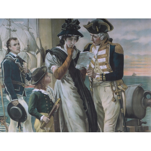 186 - A 19th century coloured lithograph - The Last Sailing Orders of Lord Nelson - 40 by 52cms, framed & ... 