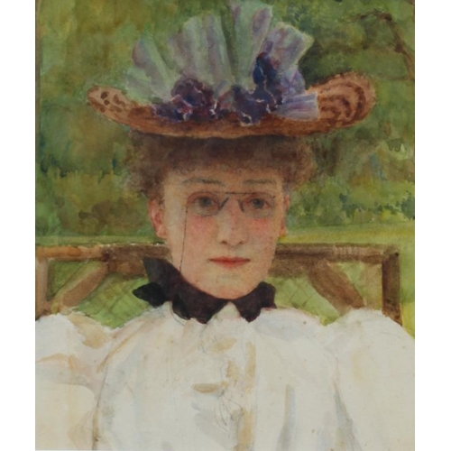 188 - Edwardian school - a head and shoulder portrait of a lady wearing a bonnet, watercolour, 15 by 18cms... 