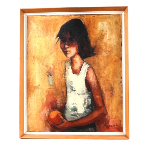 194 - 20th century modern Korean school - a half length portrait of a young girl holding an orange, oil on... 