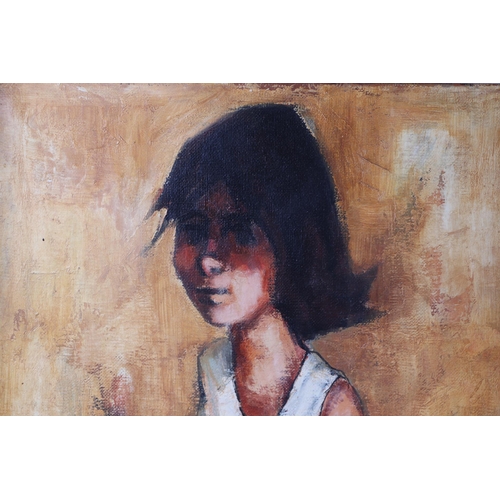 194 - 20th century modern Korean school - a half length portrait of a young girl holding an orange, oil on... 