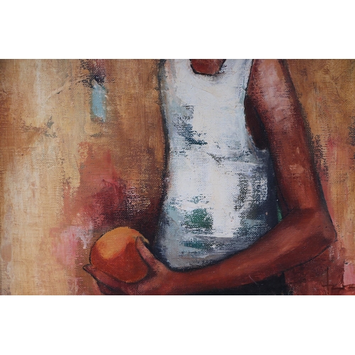 194 - 20th century modern Korean school - a half length portrait of a young girl holding an orange, oil on... 