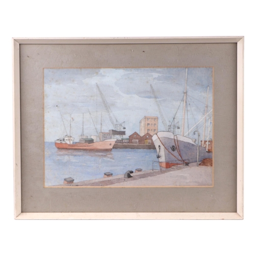 202 - Mid 20th century English school - Harbour Scene with Moored Boats and a Crane in the Distance - wate... 