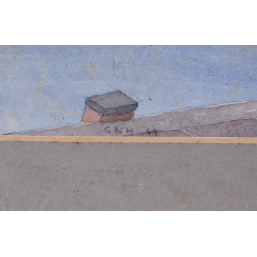 202 - Mid 20th century English school - Harbour Scene with Moored Boats and a Crane in the Distance - wate... 