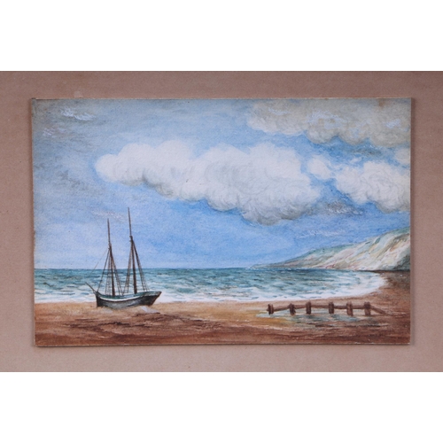 204 - 20th century English school - Seascape with a Ship on the Foreshore - watercolour, 18 by 12cms, fram... 
