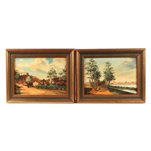 206 - Continental school - a pair of landscape scenes with figures on a lane with buildings in the distanc... 