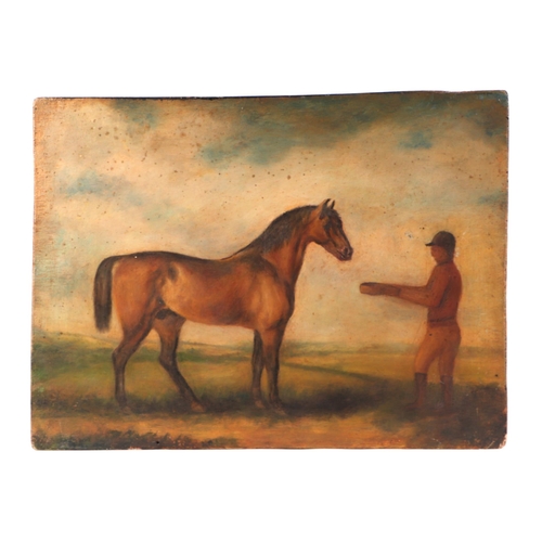 213 - 19th century naive school - Horse and Jockey - oil on panel, 40 by 30cms, unframed.